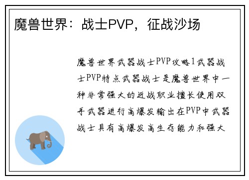 魔兽世界：战士PVP，征战沙场
